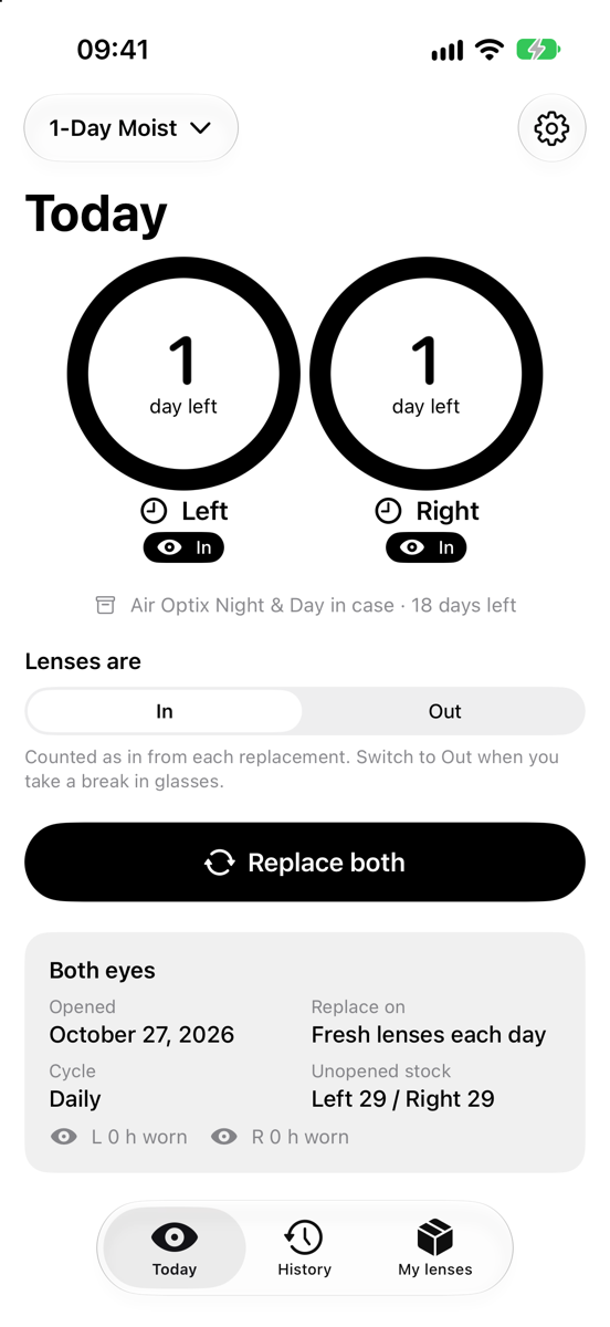 Today on daily lenses, with the monthly pair shown in its case with 18 days left.