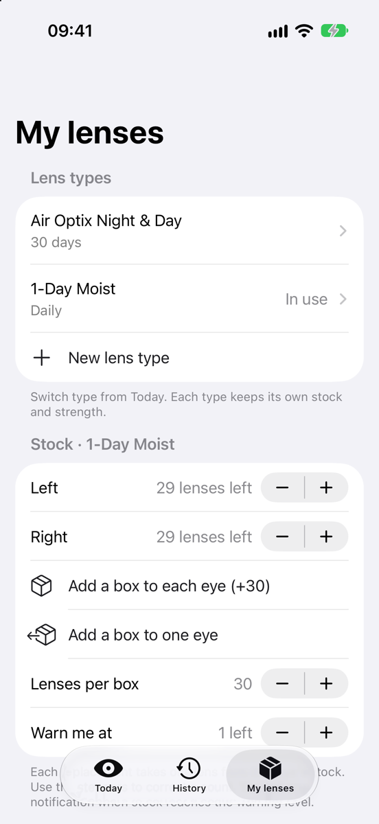 My lenses: a list of lens types and unopened stock per eye.