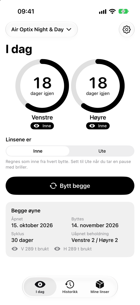 I dag: to ringer som viser 18 dager igjen på hver linse, en Inne/Ute-bryter, Bytt begge og en oppsummering av åpningsdato, byttedato og beholdning.