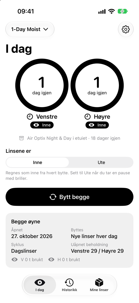 I dag med dagslinser, og månedsparet i etuiet med 18 dager igjen.