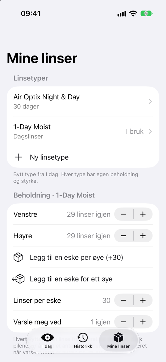 Mine linser: linsetyper og uåpnet beholdning per øye.